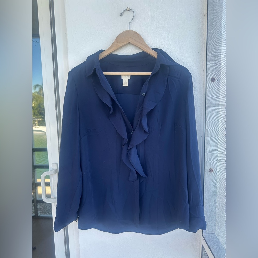 Chico's Deep Blue Ruffle Blouse